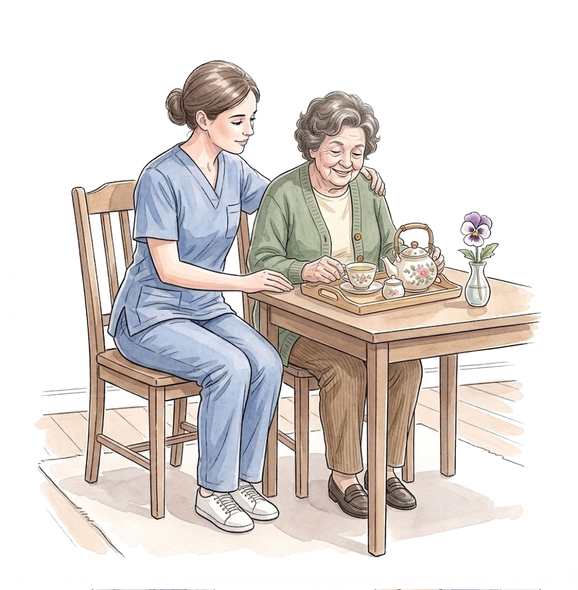 Elderly woman seated comfortably receiving daytime care from a nurse